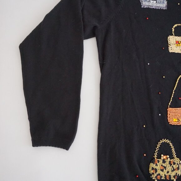 Absolutely Fabulous Black w Gold Beaded Purse Motif Glam 90s Sweater L - Picture 8 of 10